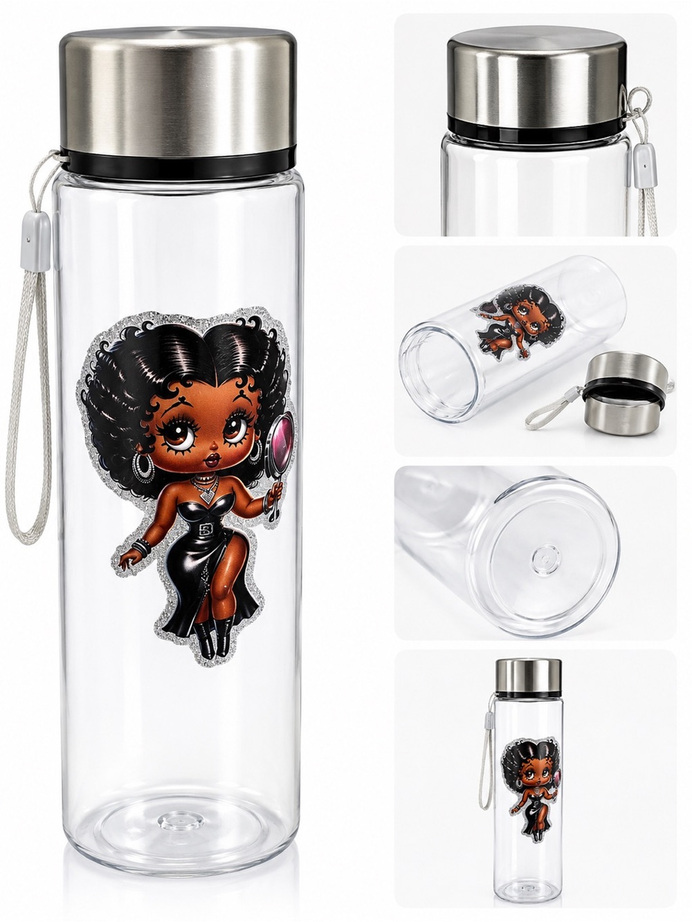 Betty Boop Clear Water Bottle with Red and Black Character Graphic